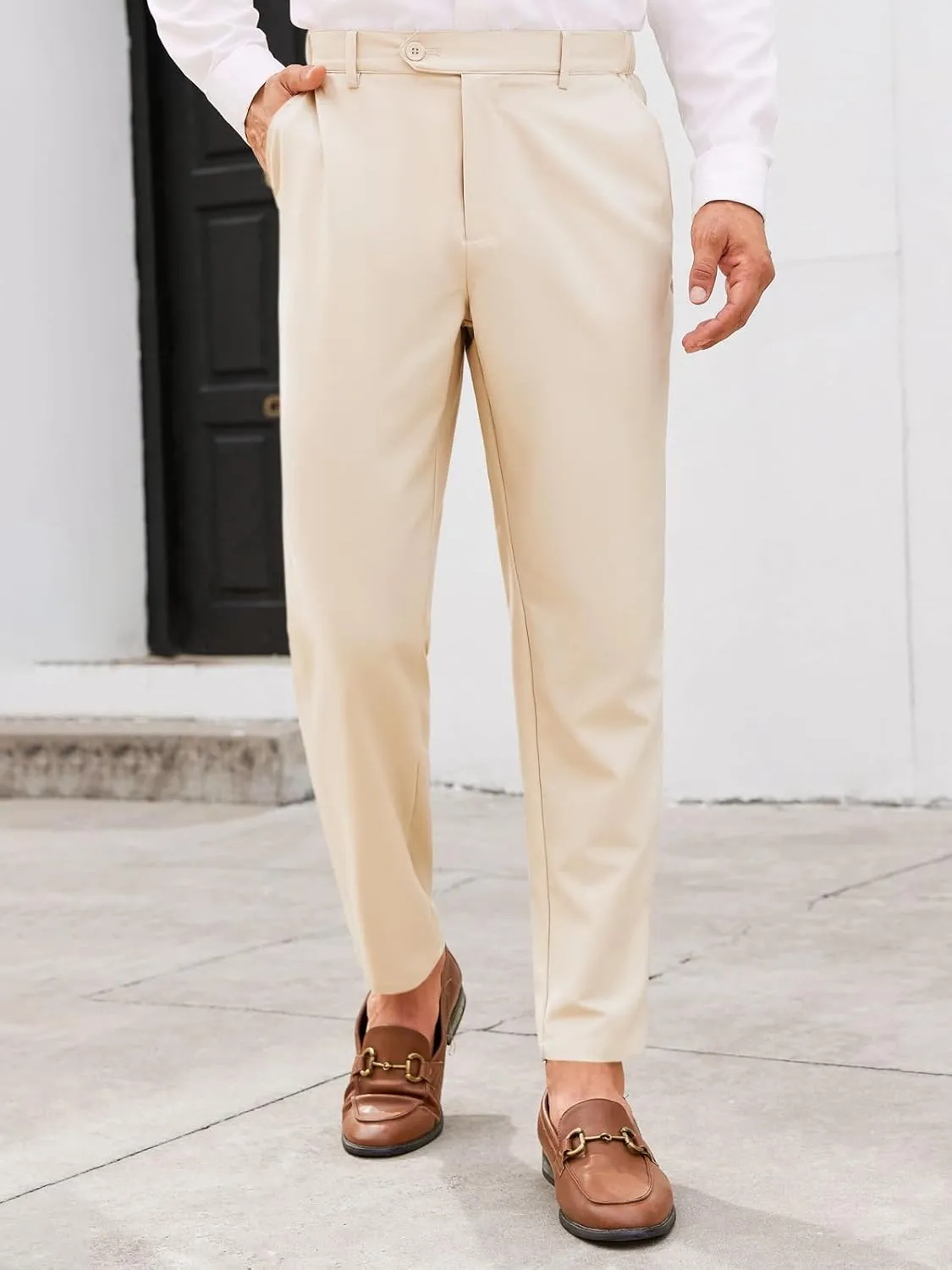PASLTER Mens Chinos Pants Slim Fit Pleat Front Skinny Elastic Waist Dress Work Suit Pants Classic Slacks