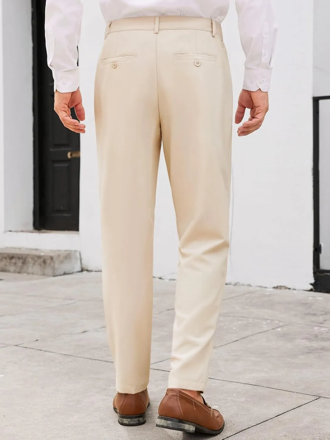 PASLTER Mens Chinos Pants Slim Fit Pleat Front Skinny Elastic Waist Dress Work Suit Pants Classic Slacks