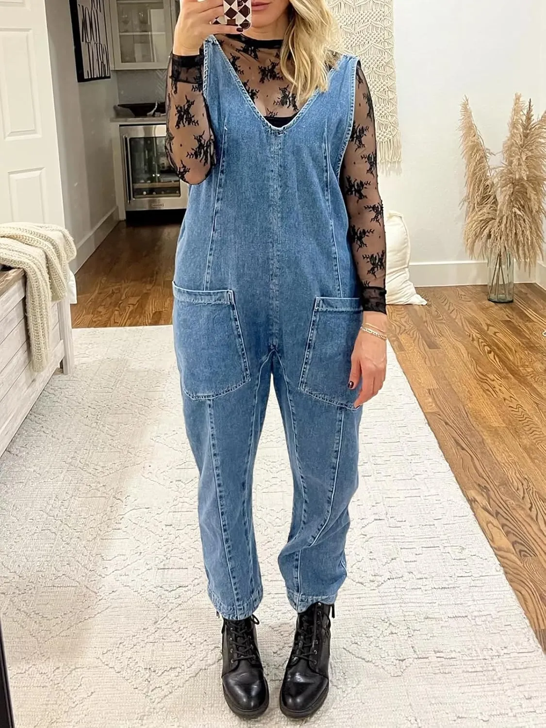 PLNOTME Women's Denim Overall Jumpsuits Sleeveless V Neck Adjustable Straps Jeans Long Pants Rompers