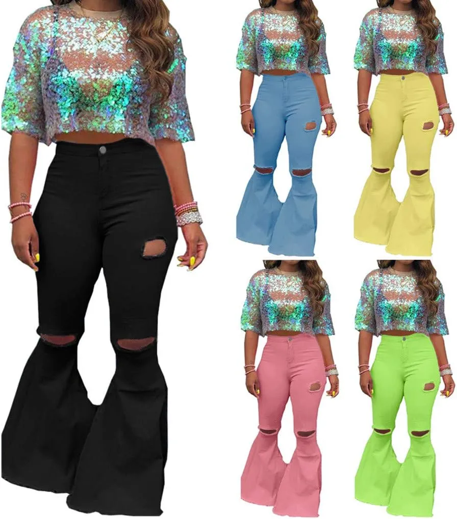 Plus Size Bell Bottom Jeans for Women Classic High Waisted Bootcut Wide Leg Denim Flare Pants Stretchy Jeggings with Pockets