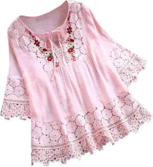 Plus Size Blouse Women Vintage Lace Patchwork Bow V-Neck Embroidery Summer Three Quarter Retro Solid Tops T-Shirt S-5XL