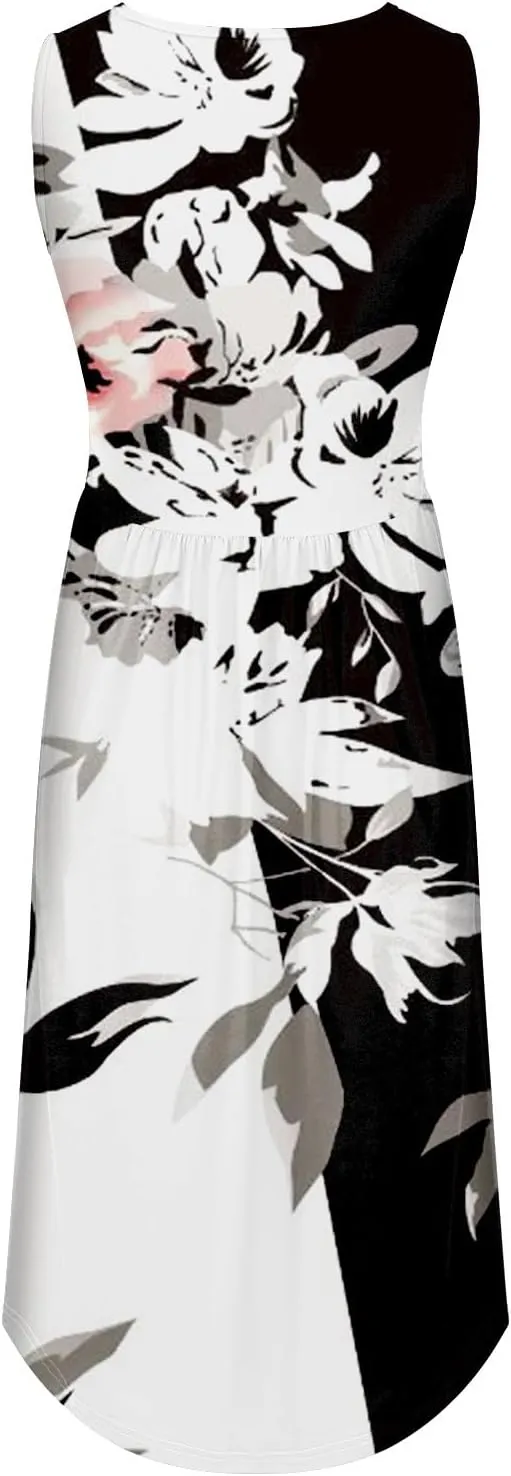 Plus Size Boho Dress Women's Spring/Summer Flower Printed Casual Tank Top Pockets Beach Casual Dress Cotton Midi