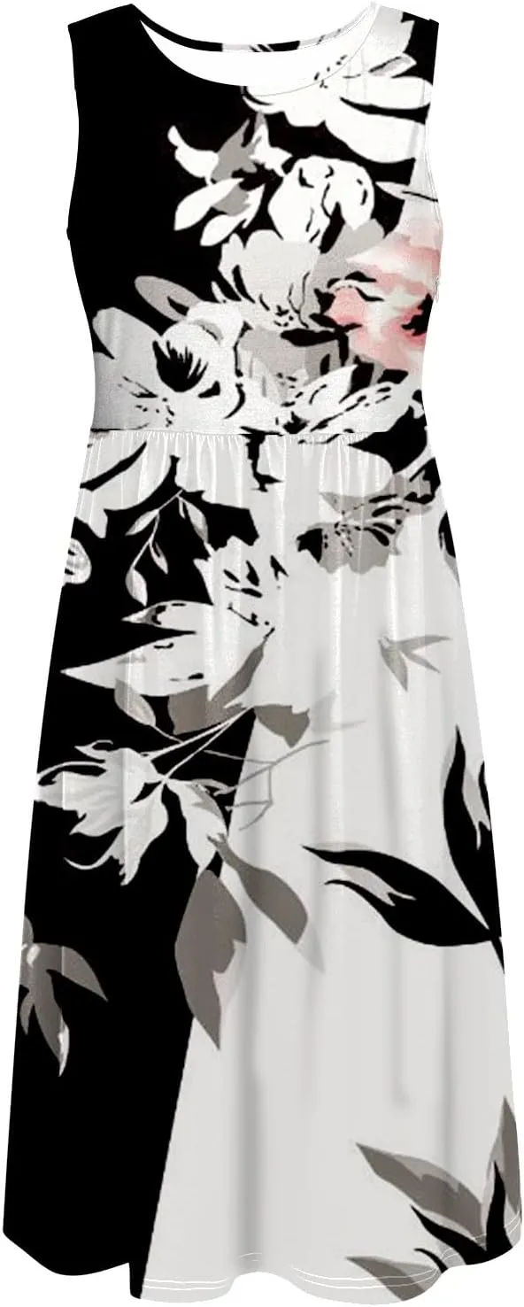 Plus Size Boho Dress Women's Spring/Summer Flower Printed Casual Tank Top Pockets Beach Casual Dress Cotton Midi