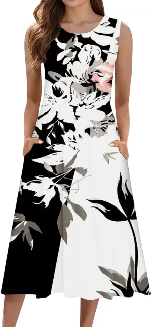 Plus Size Boho Dress Women's Spring/Summer Flower Printed Casual Tank Top Pockets Beach Casual Dress Cotton Midi