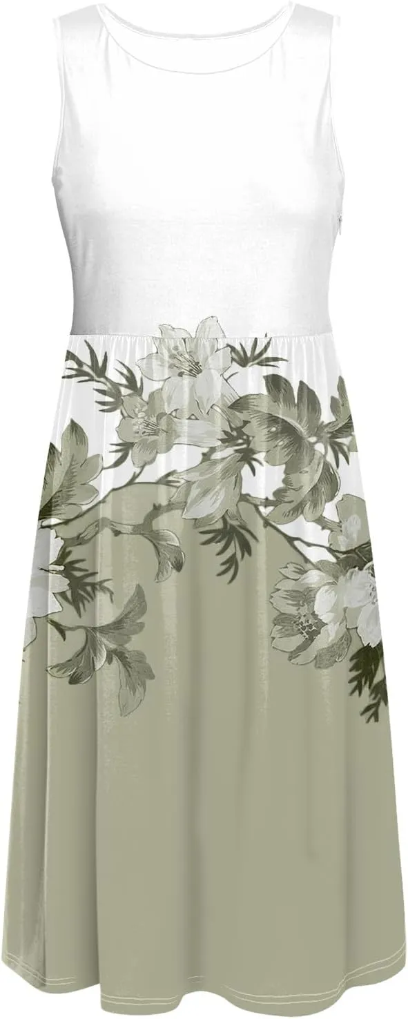 Plus Size Boho Dress Women's Spring/Summer Flower Printed Casual Tank Top Pockets Beach Casual Dress Cotton Midi