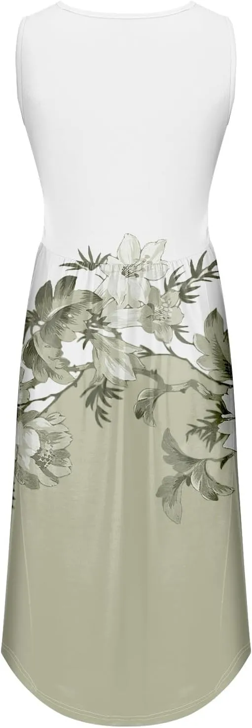 Plus Size Boho Dress Women's Spring/Summer Flower Printed Casual Tank Top Pockets Beach Casual Dress Cotton Midi
