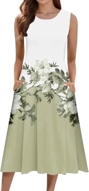 Plus Size Boho Dress Women's Spring/Summer Flower Printed Casual Tank Top Pockets Beach Casual Dress Cotton Midi