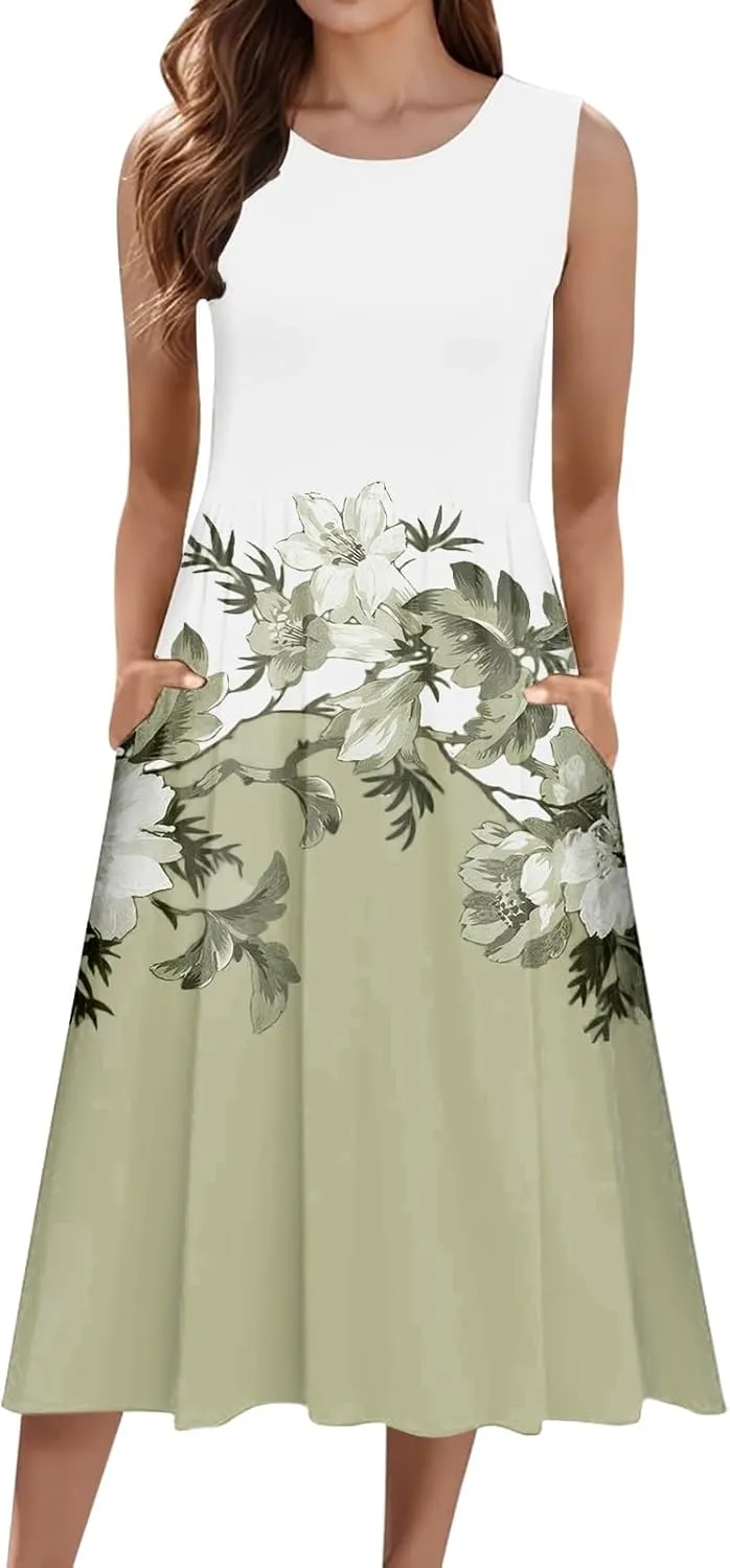 Plus Size Boho Dress Women's Spring/Summer Flower Printed Casual Tank Top Pockets Beach Casual Dress Cotton Midi