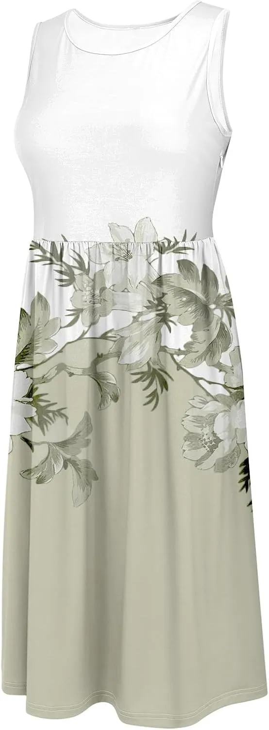 Plus Size Boho Dress Women's Spring/Summer Flower Printed Casual Tank Top Pockets Beach Casual Dress Cotton Midi