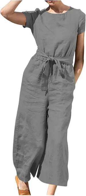Plus Size Jumpsuits For Women Summer Baggy Plus Size Cotton Linen One Piece Outfits Wide Leg Pockets Pants Romper