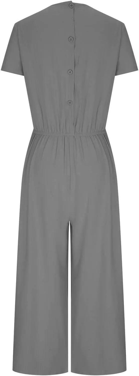 Plus Size Jumpsuits For Women Summer Baggy Plus Size Cotton Linen One Piece Outfits Wide Leg Pockets Pants Romper
