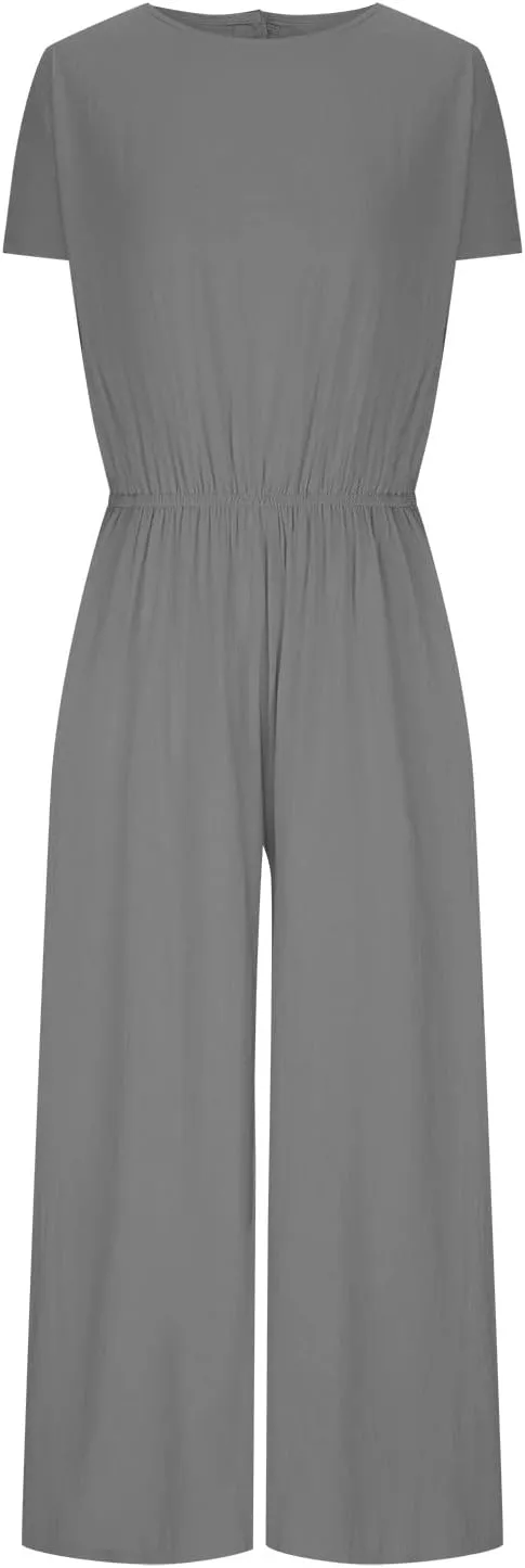 Plus Size Jumpsuits For Women Summer Baggy Plus Size Cotton Linen One Piece Outfits Wide Leg Pockets Pants Romper