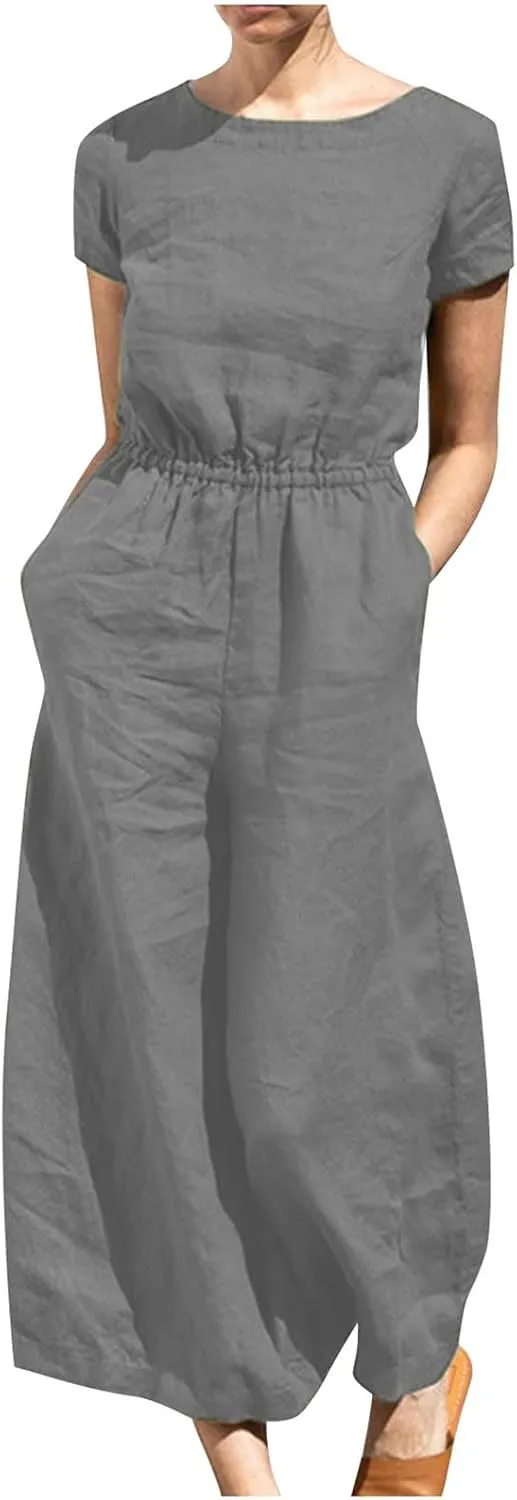 Plus Size Jumpsuits For Women Summer Baggy Plus Size Cotton Linen One Piece Outfits Wide Leg Pockets Pants Romper