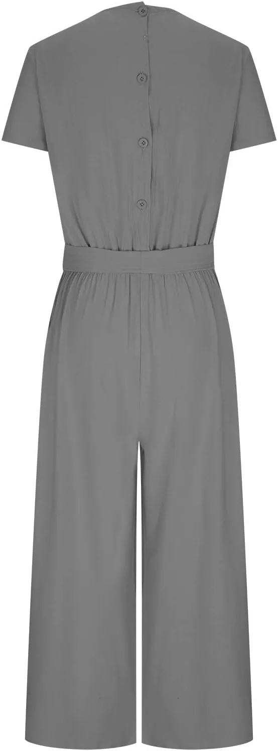 Plus Size Jumpsuits For Women Summer Baggy Plus Size Cotton Linen One Piece Outfits Wide Leg Pockets Pants Romper