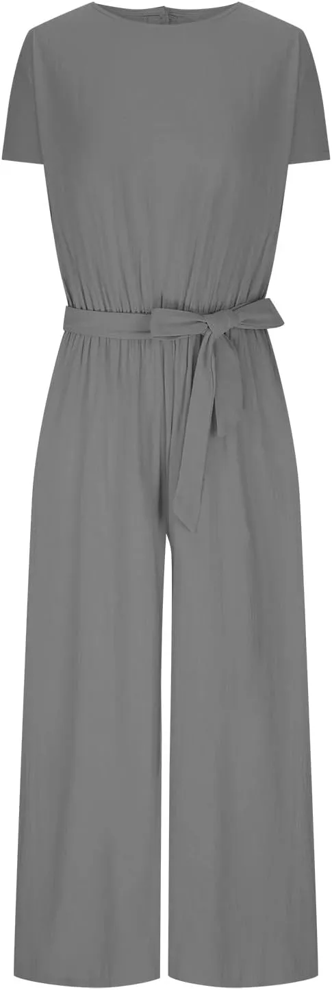 Plus Size Jumpsuits For Women Summer Baggy Plus Size Cotton Linen One Piece Outfits Wide Leg Pockets Pants Romper