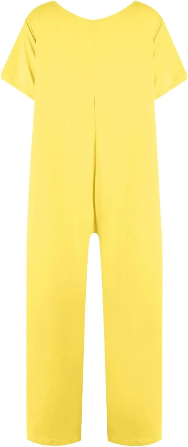 Plus Size Overalls for Women Baggy Short Sleeve V Neck One Piece Jumpsuit Wide Leg Long Pants Summer Outfits Pockets