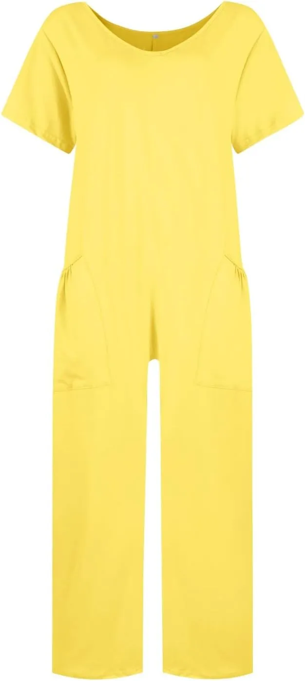 Plus Size Overalls for Women Baggy Short Sleeve V Neck One Piece Jumpsuit Wide Leg Long Pants Summer Outfits Pockets