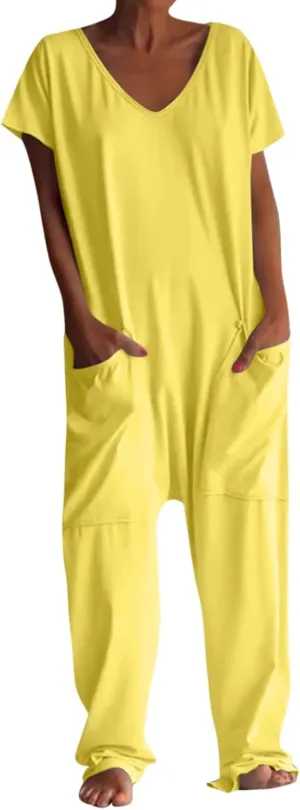 Plus Size Overalls for Women Baggy Short Sleeve V Neck One Piece Jumpsuit Wide Leg Long Pants Summer Outfits Pockets