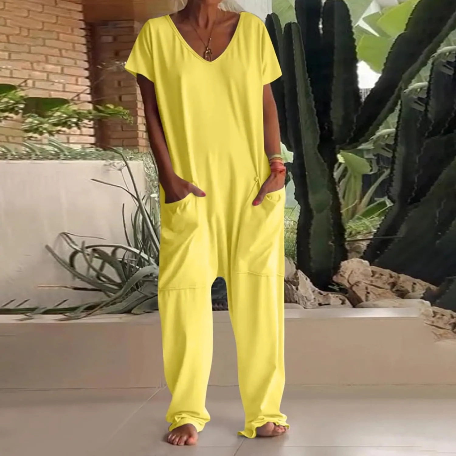 Plus Size Overalls for Women Baggy Short Sleeve V Neck One Piece Jumpsuit Wide Leg Long Pants Summer Outfits Pockets