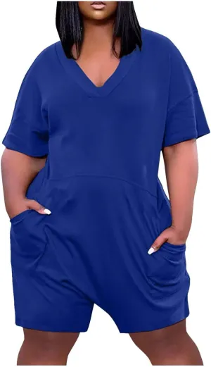 Plus Size Short Jumpsuit For Women Oversized V Neck T-Shirt Rompers Summer Zip Back Casual Short Overalls With Pockets