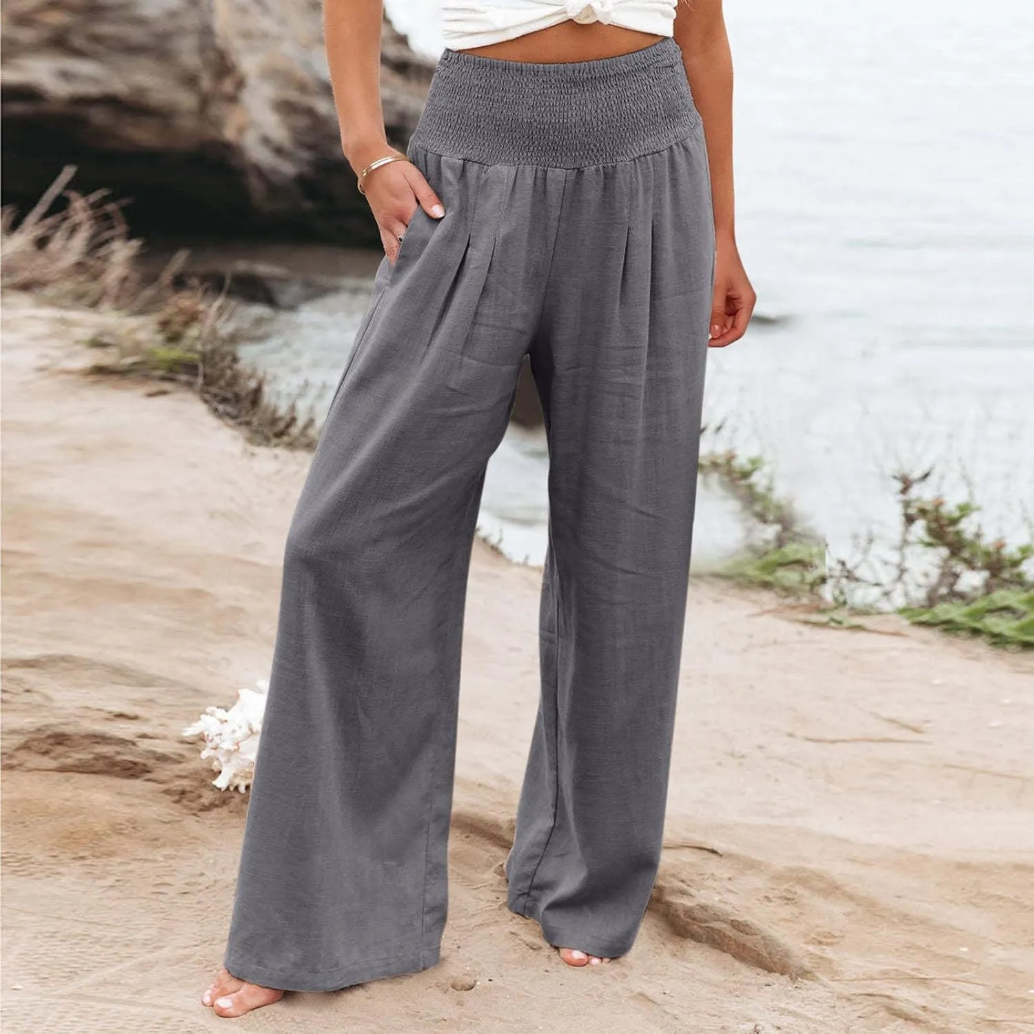 Plus Size Wide Leg Pants for Women Loose Fit Elastic High Waisted Straight Leg Palazzo Pant with Pockets Lounge Trousers