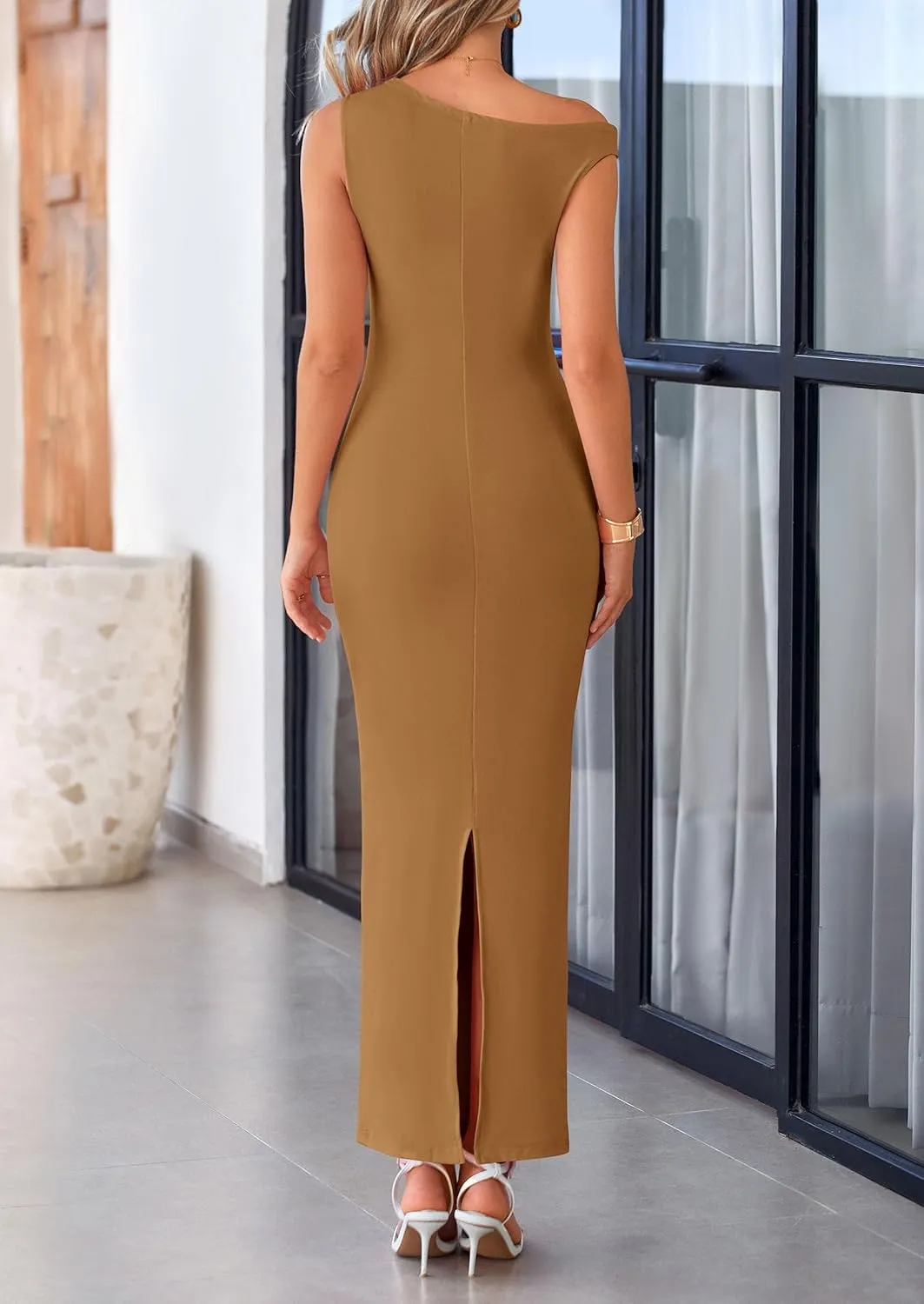 PRETTYGARDEN 2025 Women Summer Formal Maxi Dresses Sleeveless One Shoulder Bodycon Ruched Mesh Wedding Guest Cocktail Dress