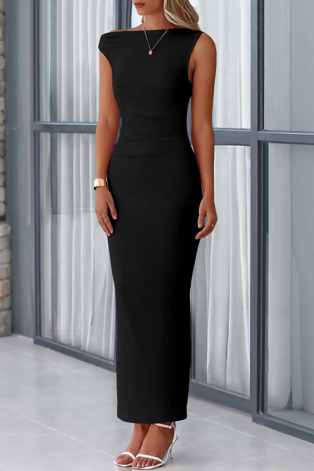 PRETTYGARDEN 2025 Women Summer Formal Maxi Dresses Sleeveless One Shoulder Bodycon Ruched Mesh Wedding Guest Cocktail Dress