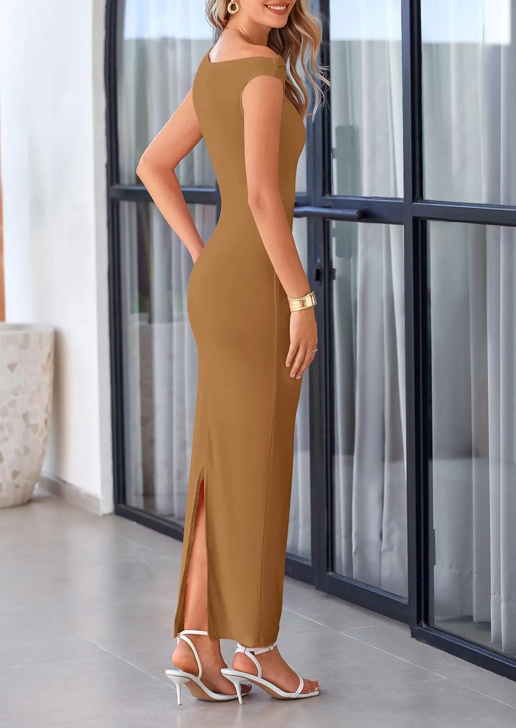 PRETTYGARDEN 2025 Women Summer Formal Maxi Dresses Sleeveless One Shoulder Bodycon Ruched Mesh Wedding Guest Cocktail Dress