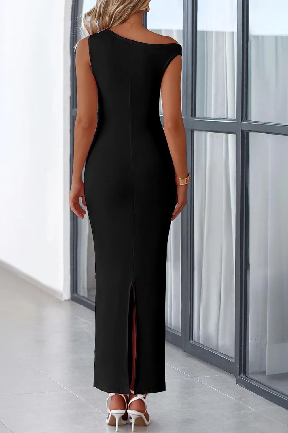 PRETTYGARDEN 2025 Women Summer Formal Maxi Dresses Sleeveless One Shoulder Bodycon Ruched Mesh Wedding Guest Cocktail Dress