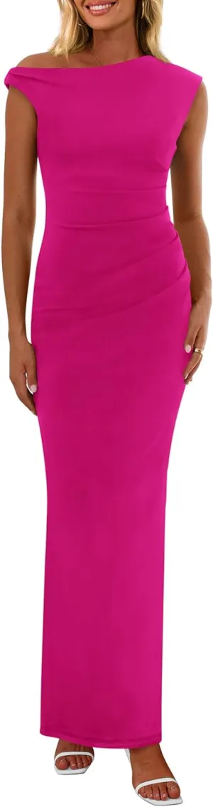 PRETTYGARDEN 2025 Women Summer Formal Maxi Dresses Sleeveless One Shoulder Bodycon Ruched Mesh Wedding Guest Cocktail Dress