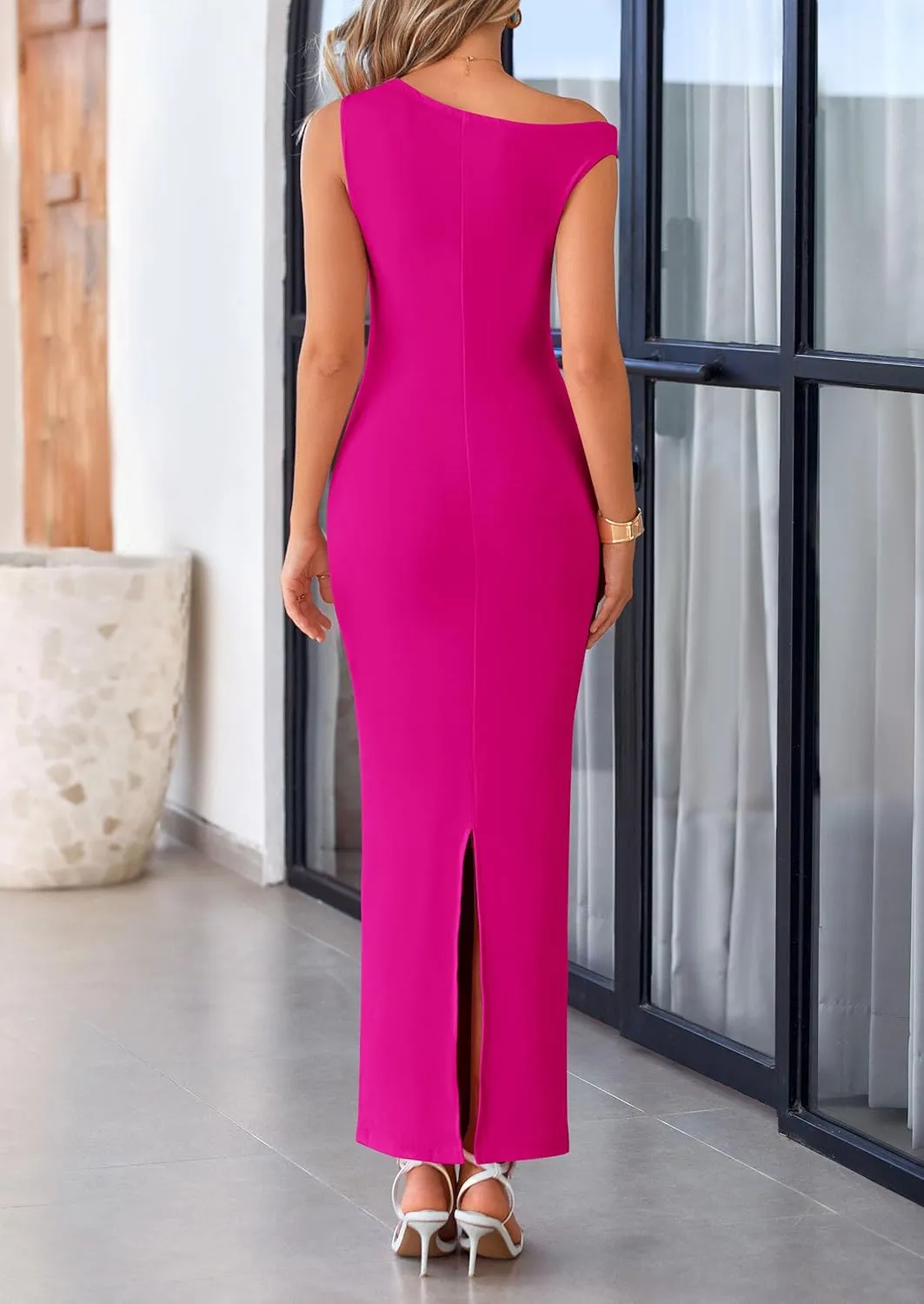 PRETTYGARDEN 2025 Women Summer Formal Maxi Dresses Sleeveless One Shoulder Bodycon Ruched Mesh Wedding Guest Cocktail Dress