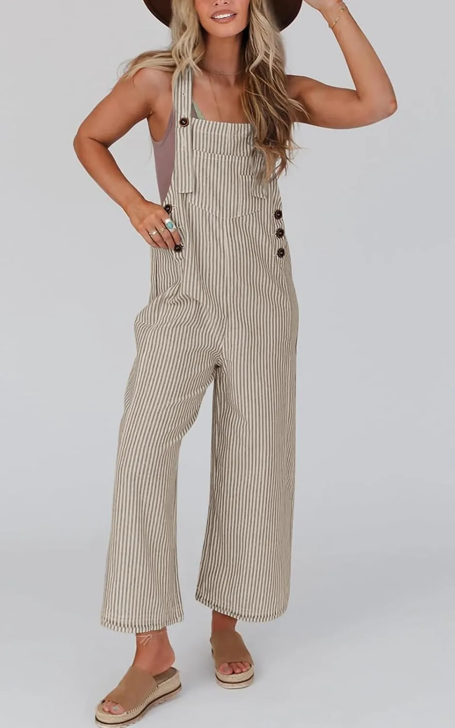 PRETTYGARDEN Overall Jumpsuit For Women 2025 Summer Casual Wide Leg Sleeveless Button Striped Jumpsuits Trendy Outfits