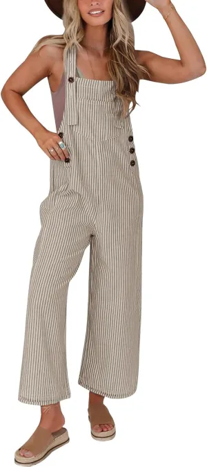 PRETTYGARDEN Overall Jumpsuit For Women 2025 Summer Casual Wide Leg Sleeveless Button Striped Jumpsuits Trendy Outfits