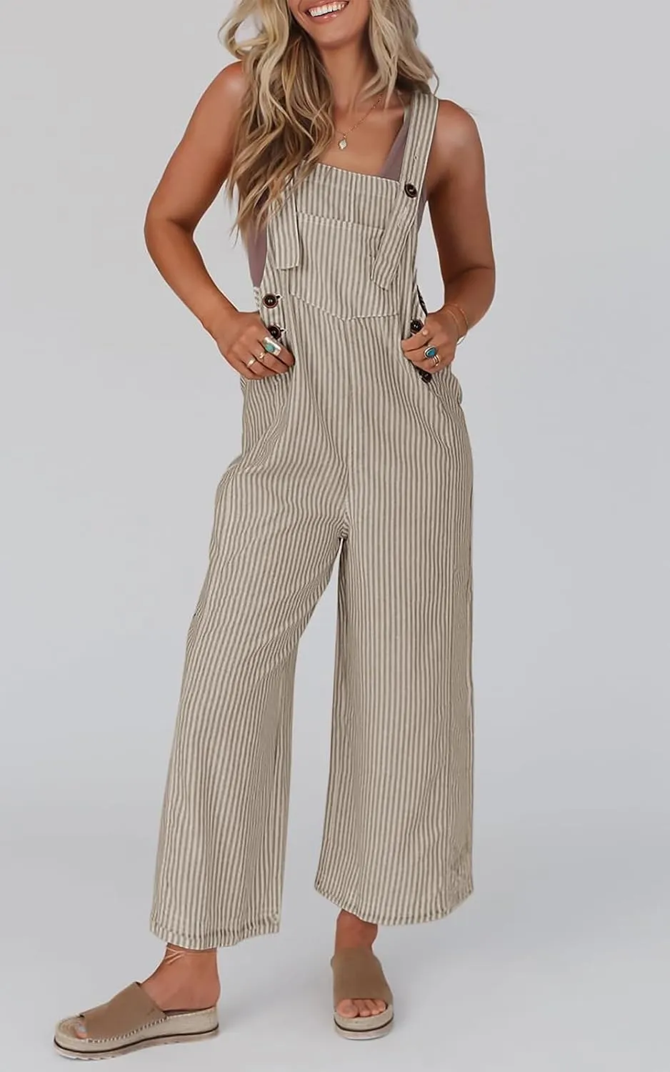 PRETTYGARDEN Overall Jumpsuit For Women 2025 Summer Casual Wide Leg Sleeveless Button Striped Jumpsuits Trendy Outfits