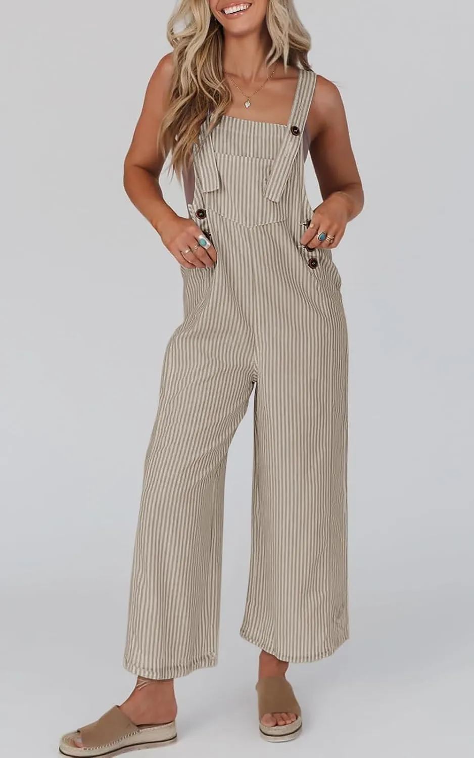 PRETTYGARDEN Overall Jumpsuit For Women 2025 Summer Casual Wide Leg Sleeveless Button Striped Jumpsuits Trendy Outfits