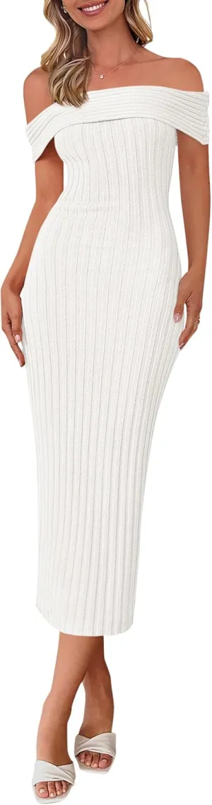 PRETTYGARDEN Summer Dresses for Women 2025 Formal Off The Shoulder Midi Bodycon Ribbed Knit Spring Wedding Guest Dress