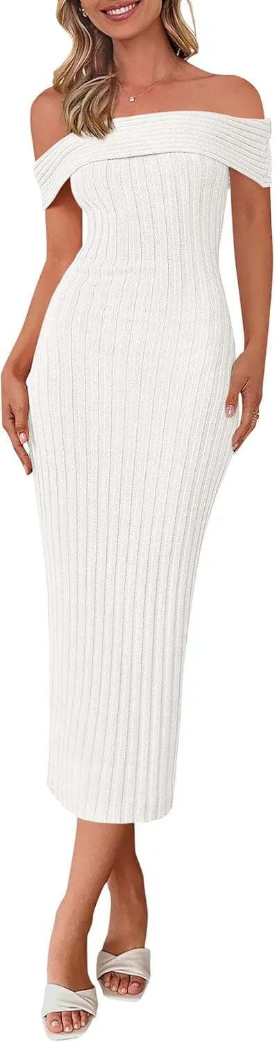 PRETTYGARDEN Summer Dresses for Women 2025 Formal Off The Shoulder Midi Bodycon Ribbed Knit Spring Wedding Guest Dress