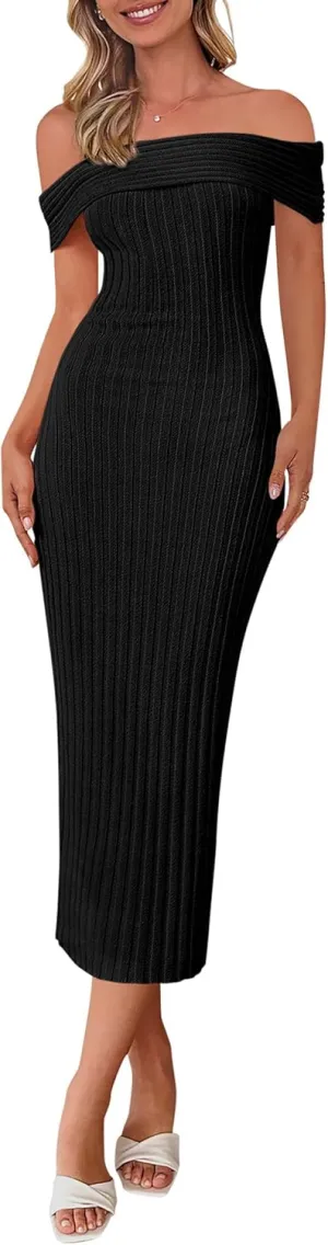 PRETTYGARDEN Summer Dresses for Women 2025 Formal Off The Shoulder Midi Bodycon Ribbed Knit Spring Wedding Guest Dress
