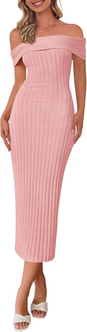 PRETTYGARDEN Summer Dresses for Women 2025 Formal Off The Shoulder Midi Bodycon Ribbed Knit Spring Wedding Guest Dress