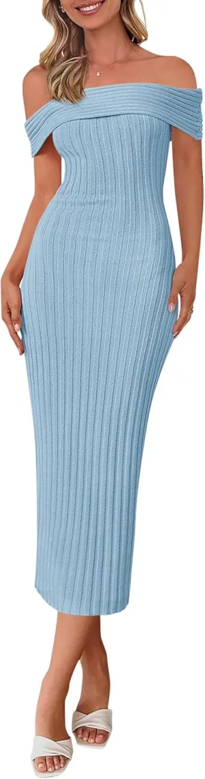 PRETTYGARDEN Summer Dresses for Women 2025 Formal Off The Shoulder Midi Bodycon Ribbed Knit Spring Wedding Guest Dress