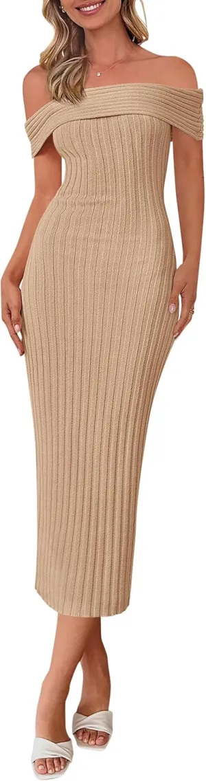 PRETTYGARDEN Summer Dresses for Women 2025 Formal Off The Shoulder Midi Bodycon Ribbed Knit Spring Wedding Guest Dress