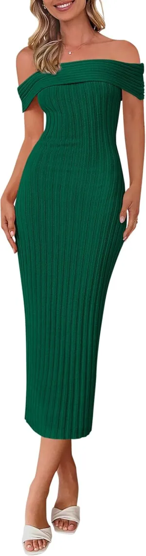 PRETTYGARDEN Summer Dresses for Women 2025 Formal Off The Shoulder Midi Bodycon Ribbed Knit Spring Wedding Guest Dress