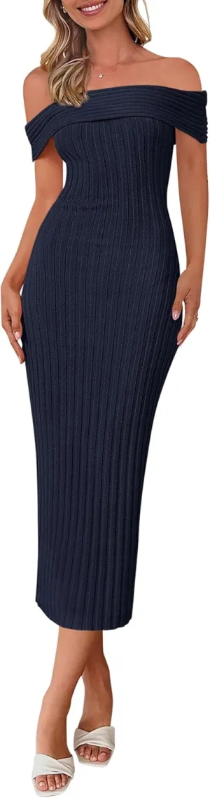 PRETTYGARDEN Summer Dresses for Women 2025 Formal Off The Shoulder Midi Bodycon Ribbed Knit Spring Wedding Guest Dress