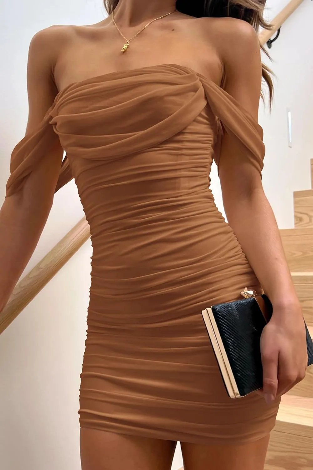 PRETTYGARDEN Summer Off Shoulder Dresses for Women 2025 Ruched Mesh Graduation Cocktail Party Bodycon Mini Short Dress