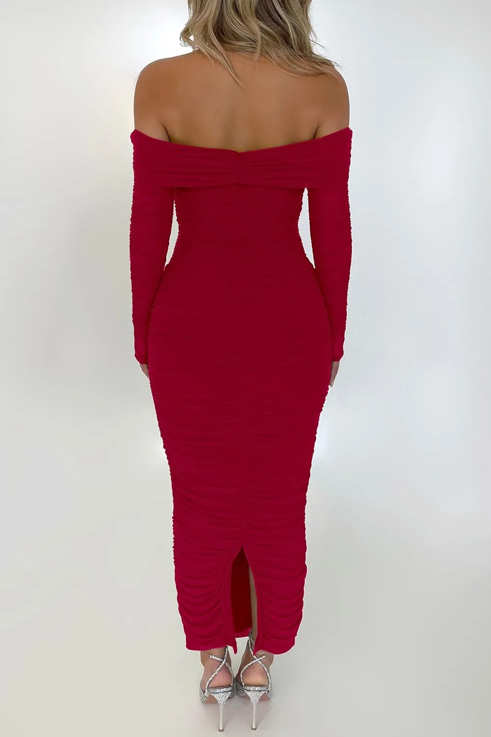 PRETTYGARDEN Women's Fall Off The Shoulder Maxi Dress Spring Long Sleeve Ruched Fitted Bodycon Club Dresses with Slit