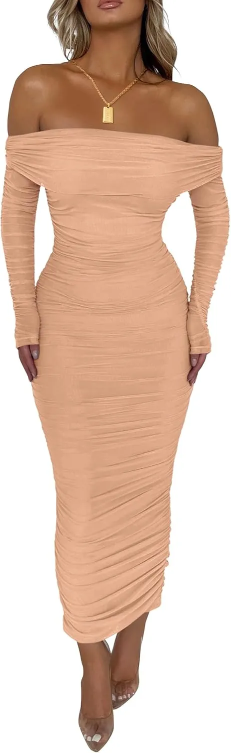 PRETTYGARDEN Women's Fall Off The Shoulder Maxi Dress Spring Long Sleeve Ruched Fitted Bodycon Club Dresses with Slit