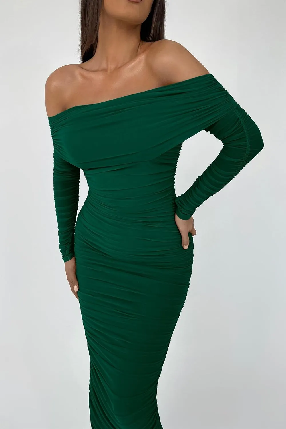 PRETTYGARDEN Women's Fall Off The Shoulder Maxi Dress Spring Long Sleeve Ruched Fitted Bodycon Club Dresses with Slit