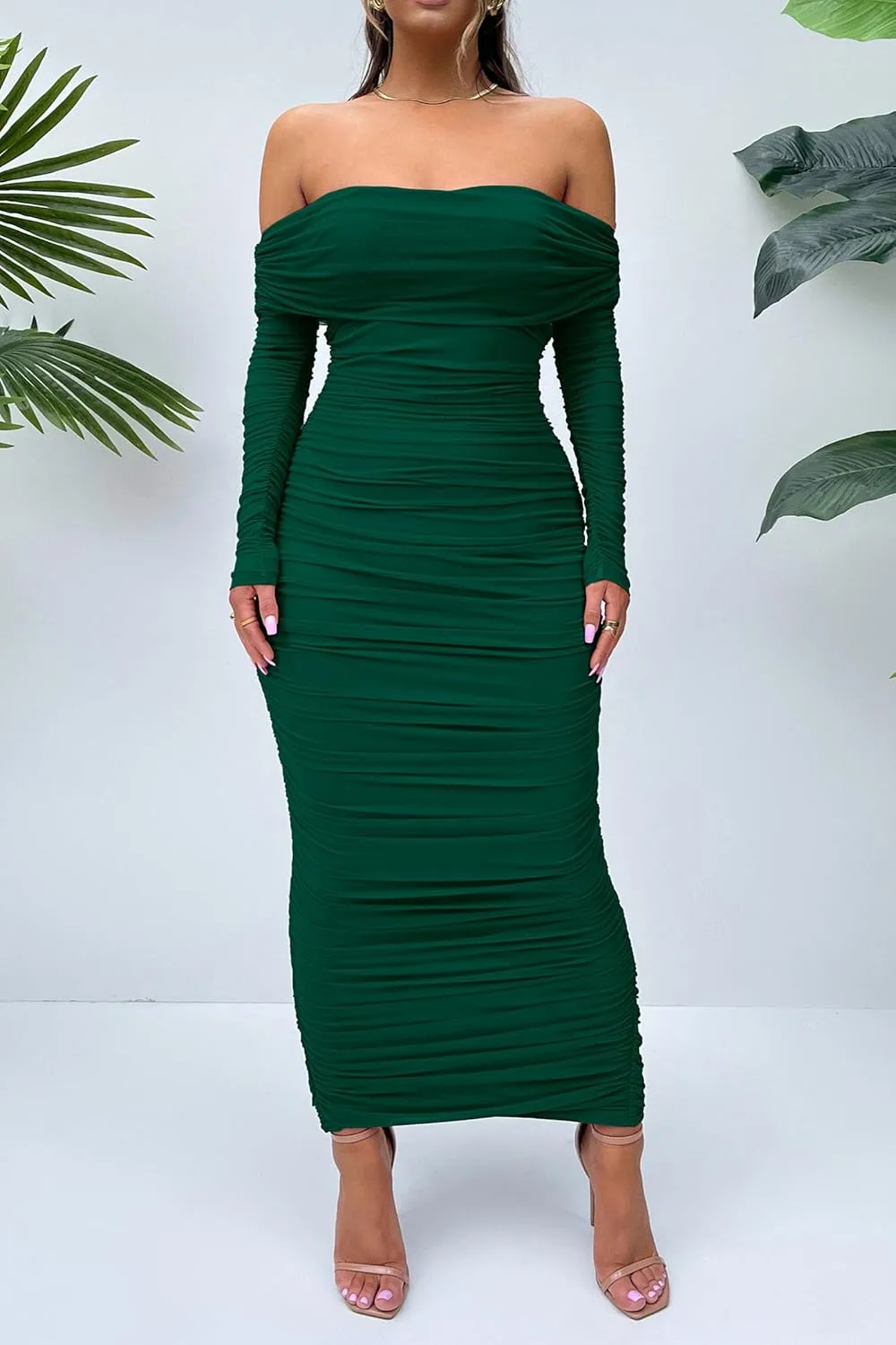PRETTYGARDEN Women's Fall Off The Shoulder Maxi Dress Spring Long Sleeve Ruched Fitted Bodycon Club Dresses with Slit