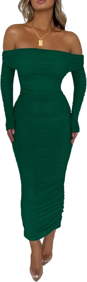 PRETTYGARDEN Women's Fall Off The Shoulder Maxi Dress Spring Long Sleeve Ruched Fitted Bodycon Club Dresses with Slit