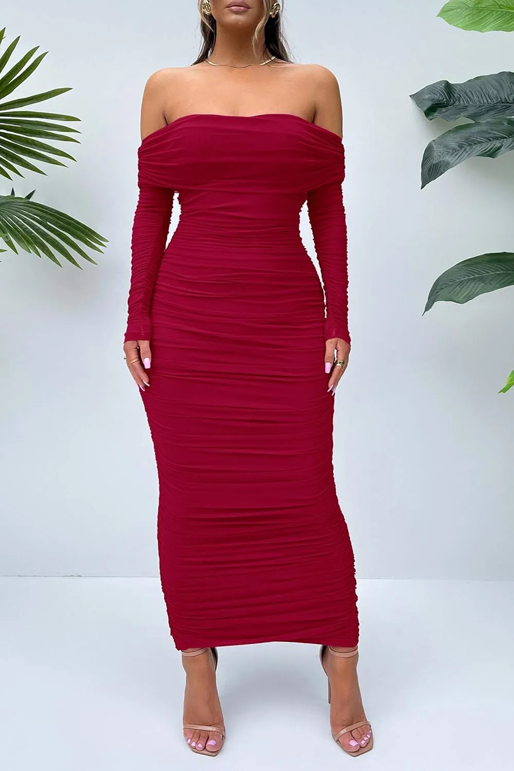 PRETTYGARDEN Women's Fall Off The Shoulder Maxi Dress Spring Long Sleeve Ruched Fitted Bodycon Club Dresses with Slit